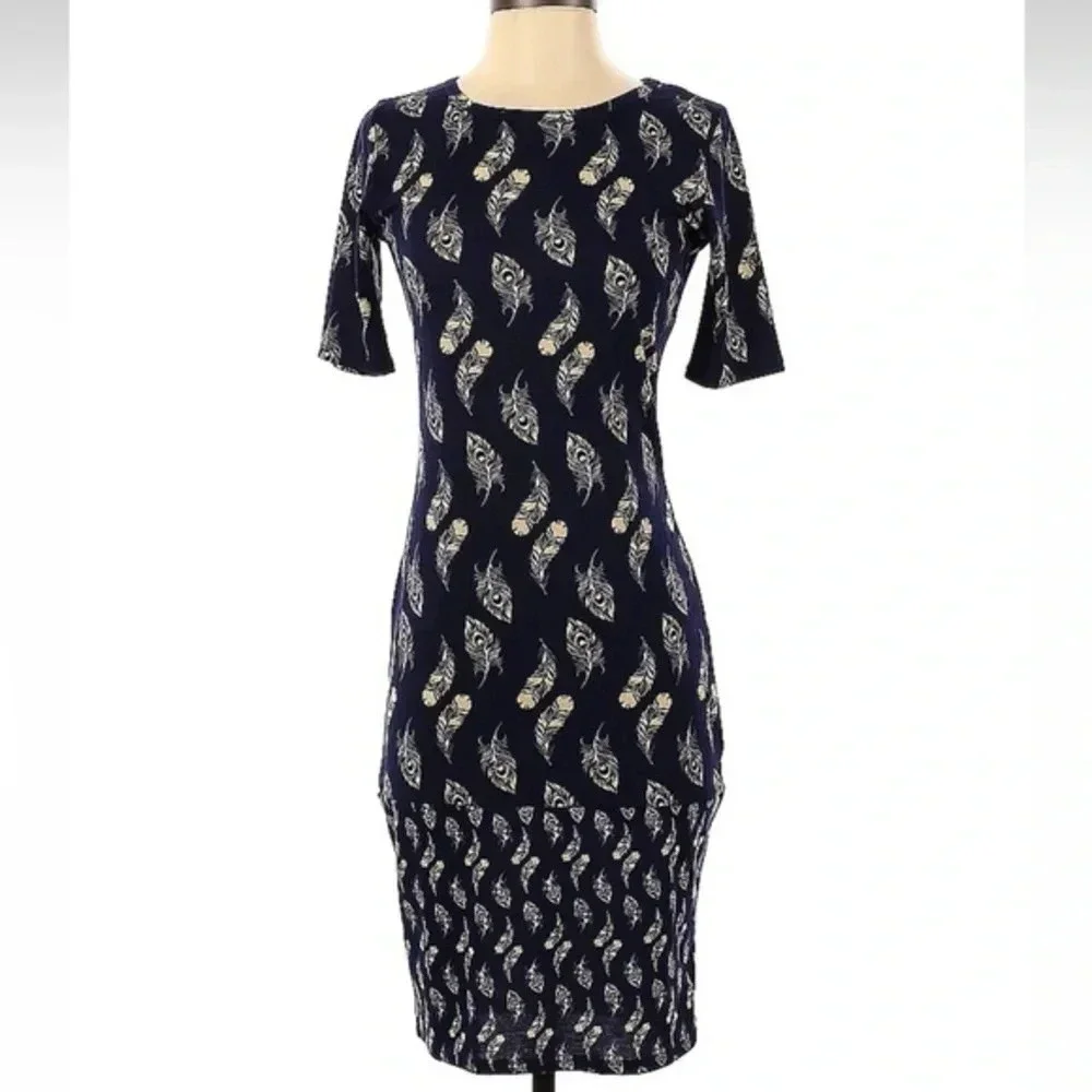 LuLaRoe Fitted Julia Midi Dress Navy Yellow Feathers Aztec Southwestern Size XS